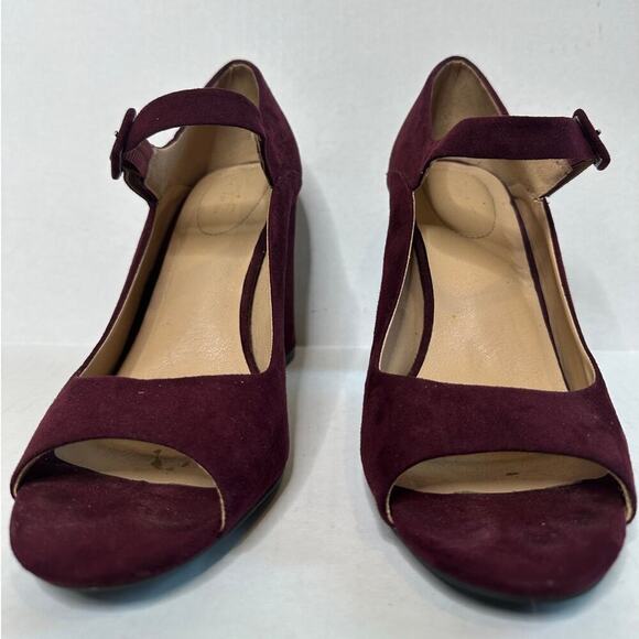 Size 10 Burgundy Red Ankle Strap Peep Toe Mary Jane Block High Heels Shoes Work - Picture 4 of 12